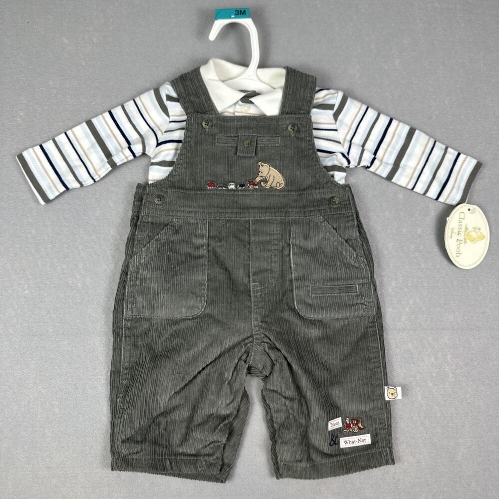 Disney Classic Pooh Corduroy Overalls 3M Baby Boy Girl Train Embroidery Gray
